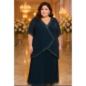 NWT JKARA‎ Beaded Navy Plus SZ 24W Dress, beaded sequins, MOTB, wedding, elegant